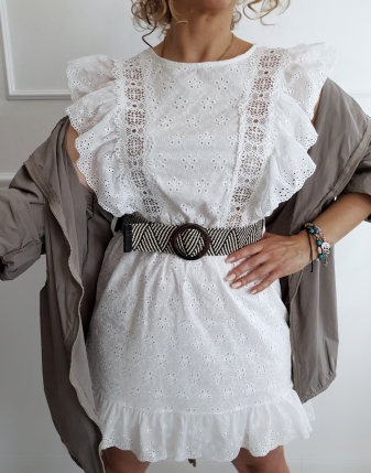 SUKIENKA LETNIA Z HAFTOWANYMI RĘKAWAMI 5 sukienka damska dzianinowa bawełniana ecru z ażurowymi rękawami 14597