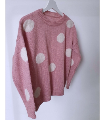 SWETEREK  POWDER LOVE 2 sweterek różowy pudrowy pastelowy w białe serca , stylizacje wiosna 14686