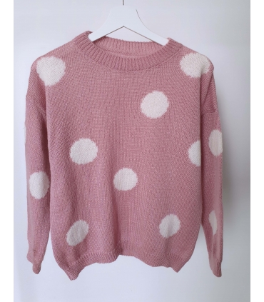 SWETEREK  POWDER LOVE 3 sweterek różowy pudrowy pastelowy w białe serca , stylizacje wiosna 14687