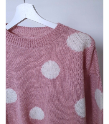 SWETEREK  POWDER LOVE 4 sweterek różowy pudrowy pastelowy w białe serca , stylizacje wiosna 14688