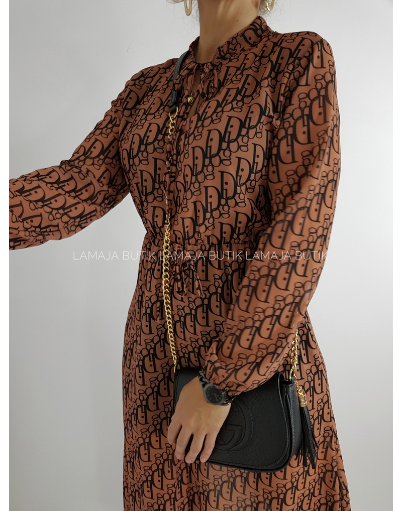 SUKIENKA  DIOR LA FEMME 1 damska brązowa sukienka midi z napisami Dior modna camel , stylizacje 6800