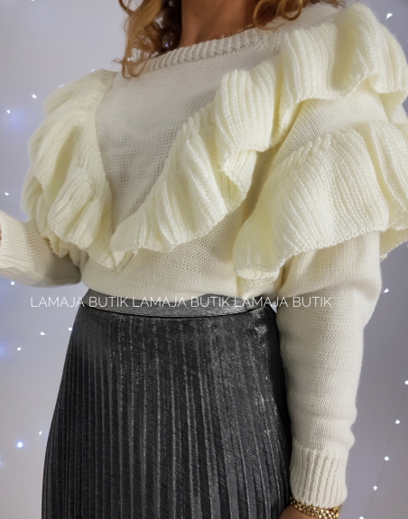 SWETER ECRU CUTE FRILLS 3 ecru sweter z falbanami modny biały sweter z dużymi falbanami 7371